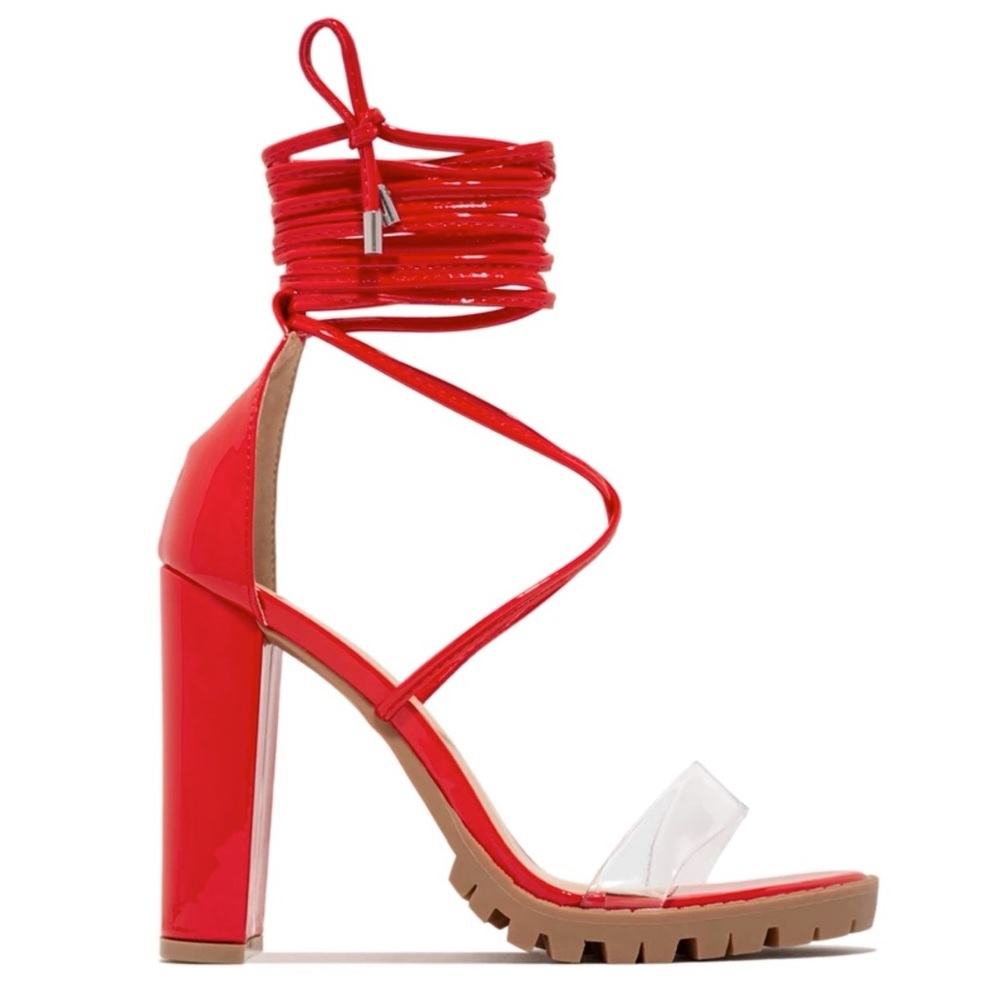 Red Clear Strap Lace Up Block Heels - Picture 6 of 8